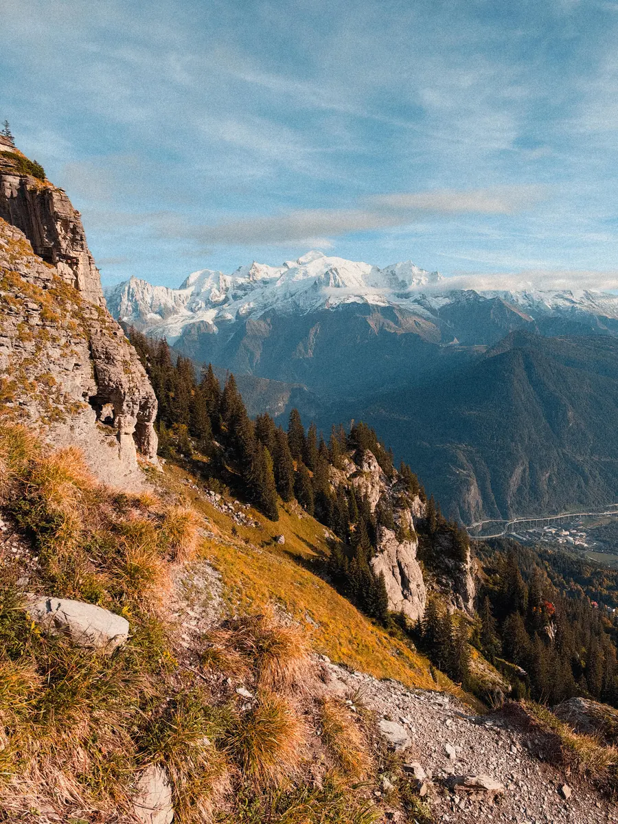 Massif du Mont-Blanc enneigé vu depuis les hauteurs de Passy, falaise calcaire et herbes d'automne au premier plan, vallée de l'Arve en contrebas